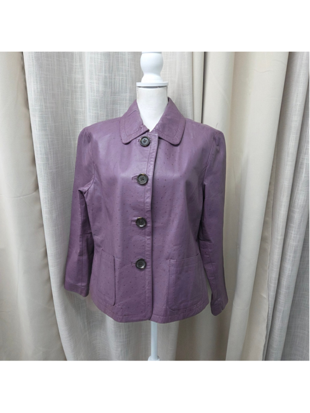 Chico's Purple Ostrich Embossed Genuine Leather Jacket Button Front Size 2.5 L